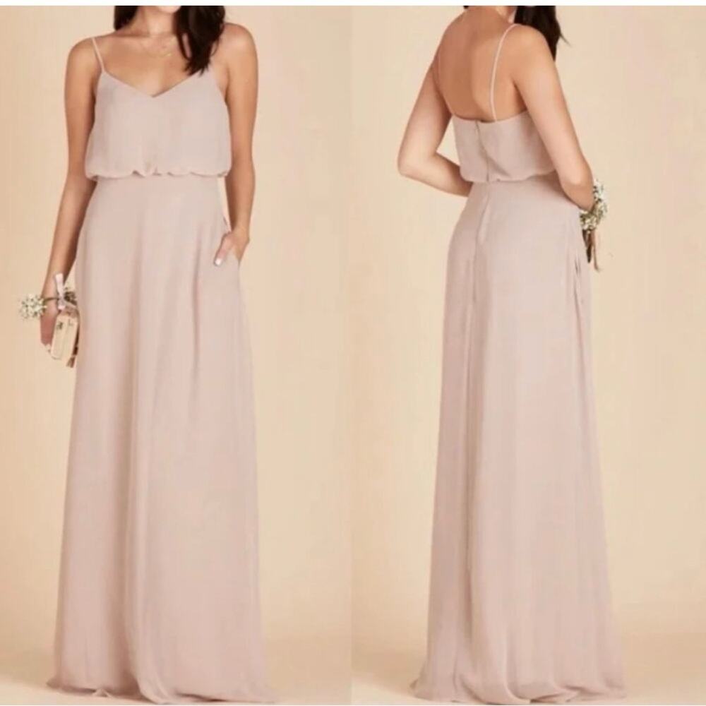 Birdy Grey Gwennie Chiffon Gown Sleeveless Spaghetti Straps Taupe Slit S NEW